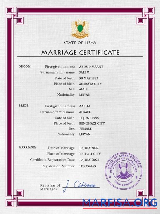 Downloadable Libya marriage certificate PSD template